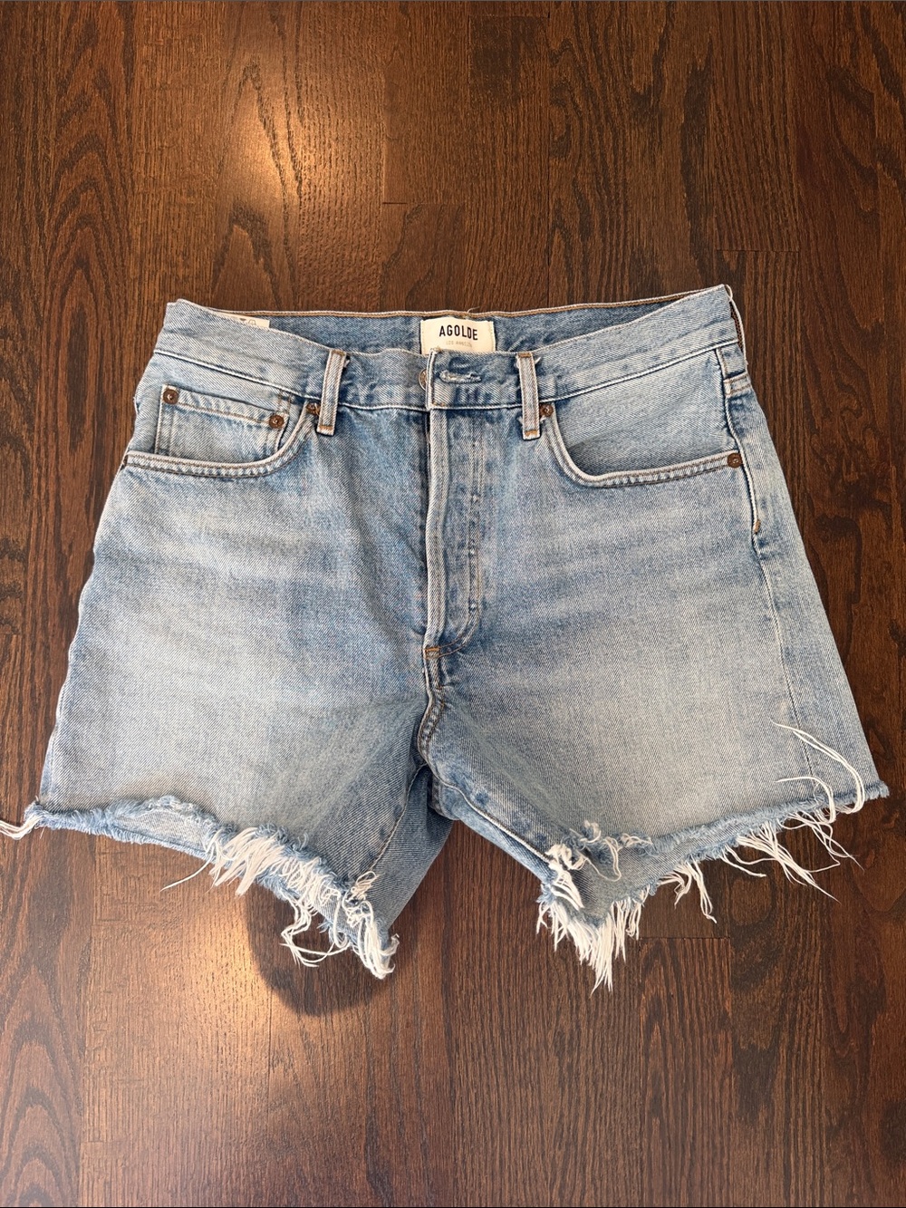 Agolde Reese Light Wash Frayed Hem Denim Shorts